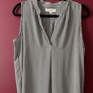 Loft: Sleeveless tunic with a V-neck. Charcoal grey strips. Size M.
